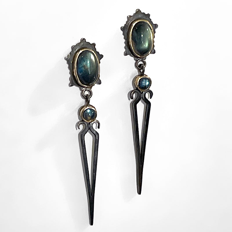 Sterling Silver, 14k and Rainbow Moonstone Earrings by Lee Phillips #1095-981