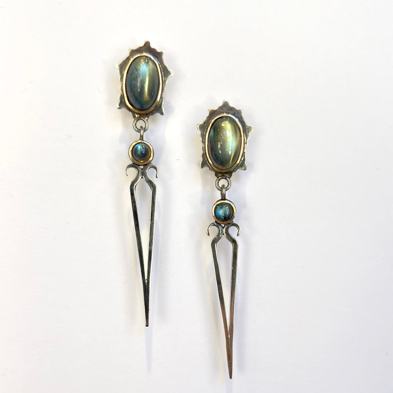 Sterling Silver, 14k and Rainbow Moonstone Earrings by Lee Phillips #1095-981