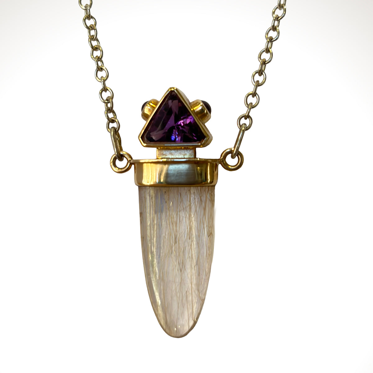 Rutilated Quartz “Tongue” & Amethyst Necklace in 14K Gold