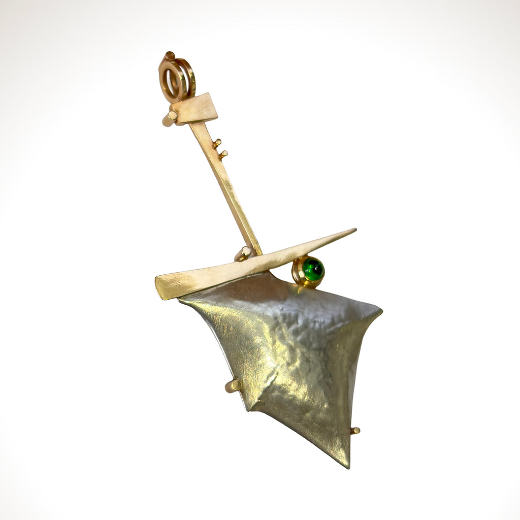 Pillow Arrowhead Pendant in Sterling Silver, 14K Gold & Green Tourmaline