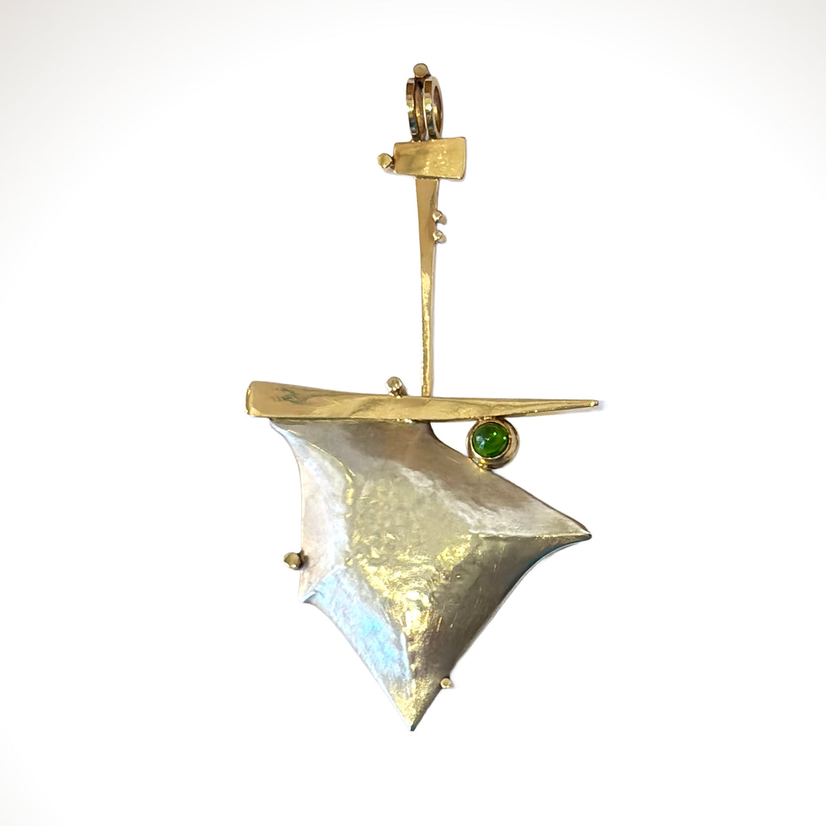 Pillow Arrowhead Pendant in Sterling Silver, 14K Gold & Green Tourmaline