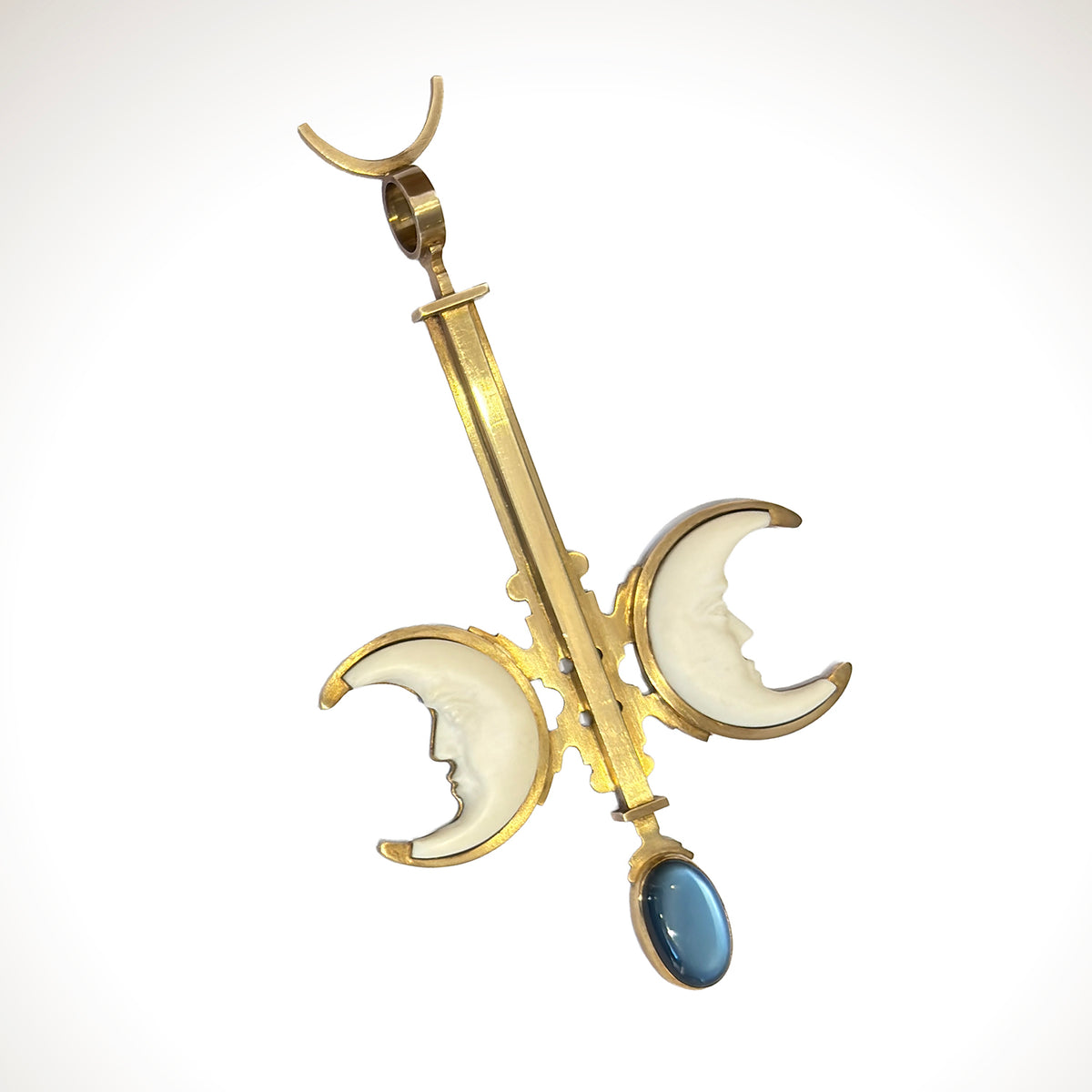 Art Deco Crescent Moon Pendant in 14K Gold, Ivory & Moonstone