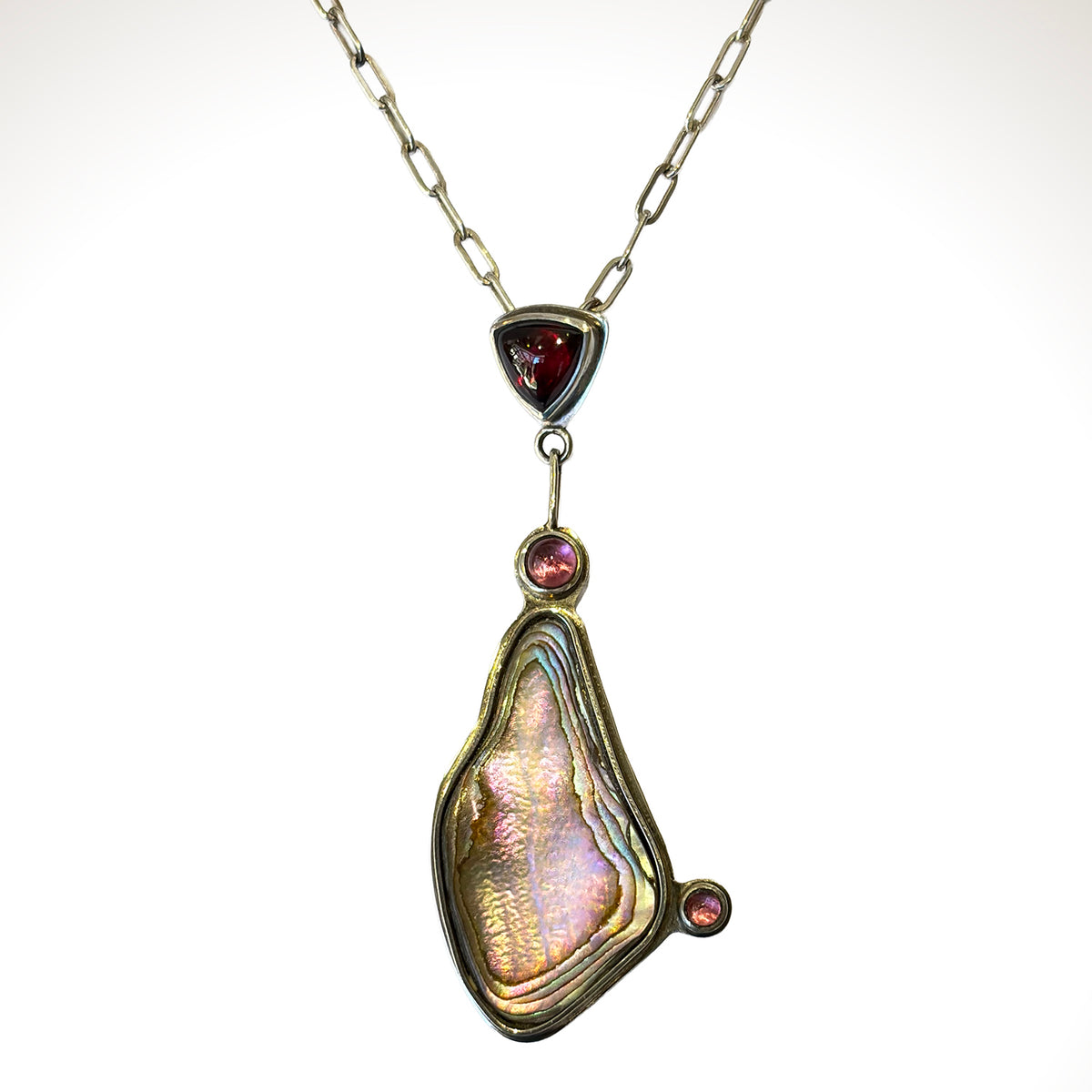 Abalone, Pink Tourmaline & Garnet Sterling Silver Necklace