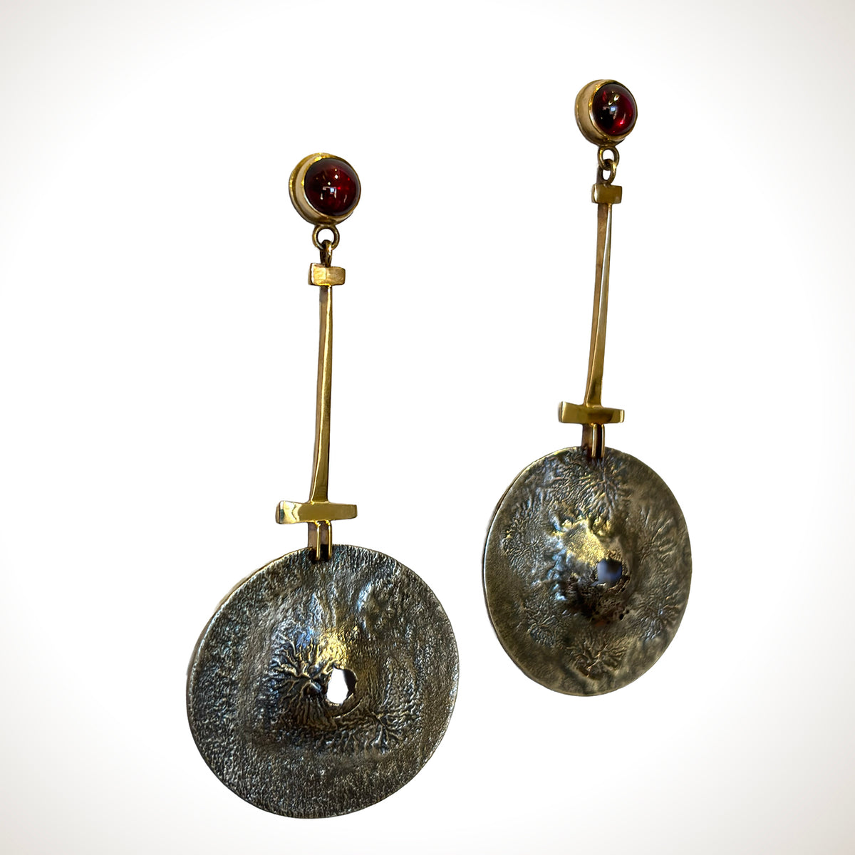 Textured Sterling Silver Disc Earrings with Garnet & 14K Gold