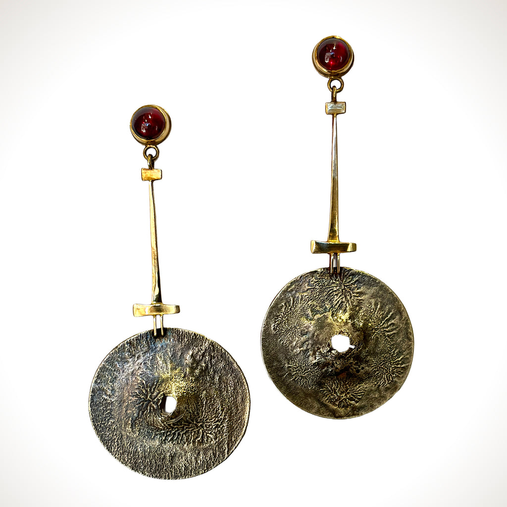 Textured Sterling Silver Disc Earrings with Garnet & 14K Gold