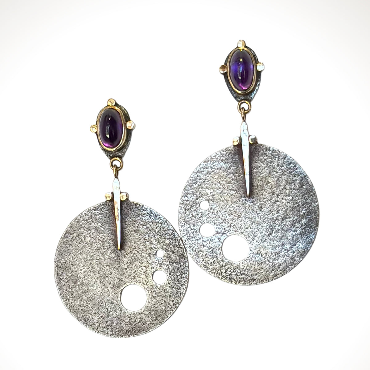 Oxidized Sterling Silver Moon Earrings with Amethyst