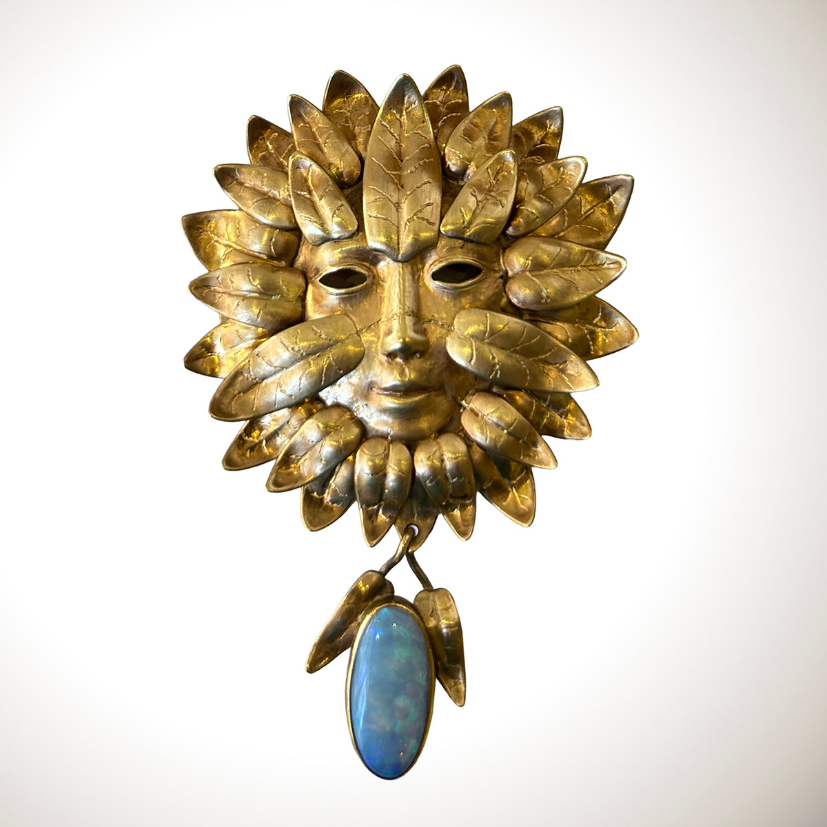 14K Gold Sun Face Pin with Opal Drop