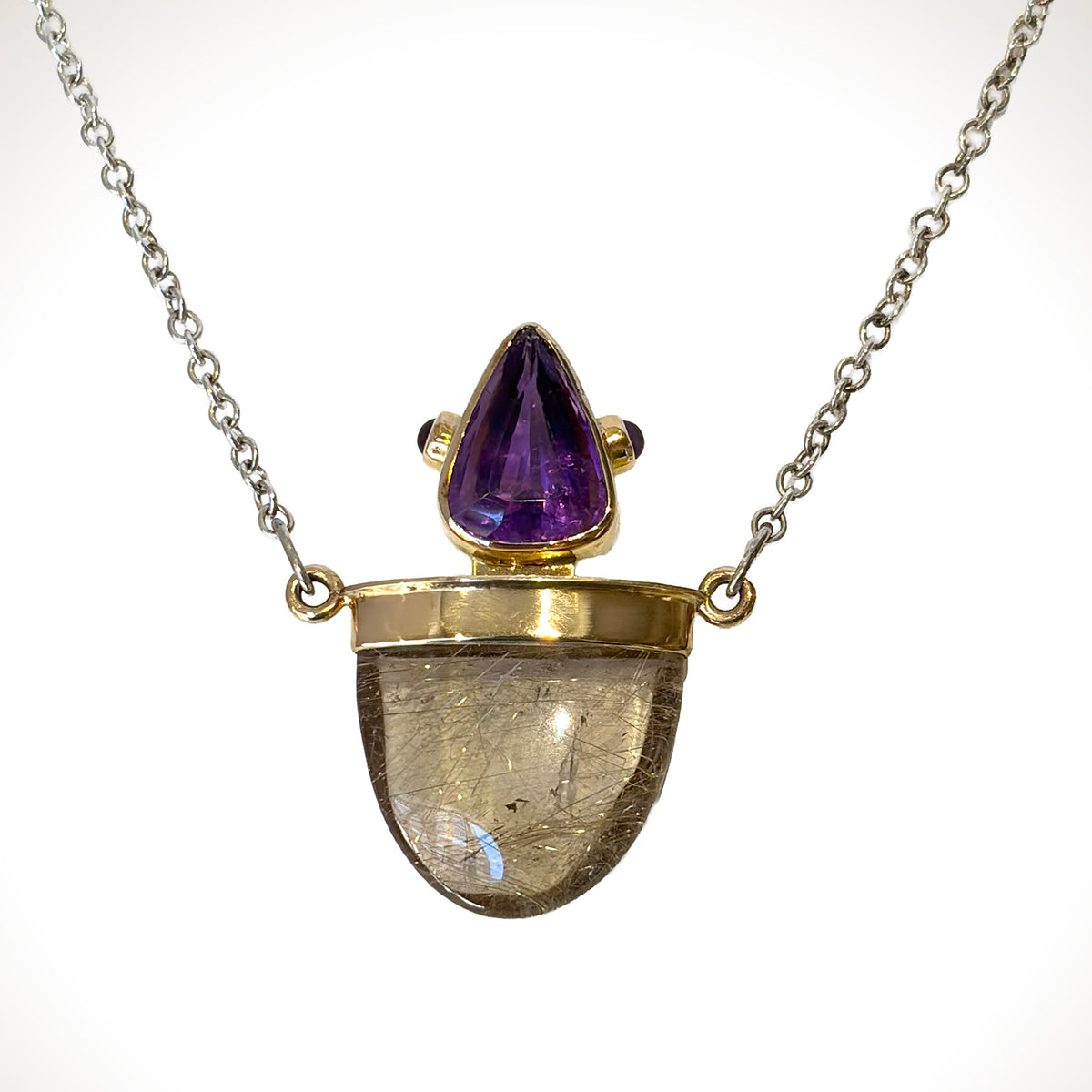 Rutilated Quartz & Amethyst Necklace in 14K Gold and Sterling Silver