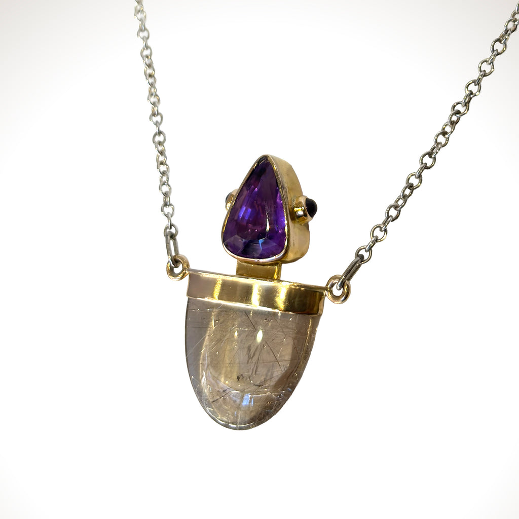 Rutilated Quartz & Amethyst Necklace in 14K Gold and Sterling Silver
