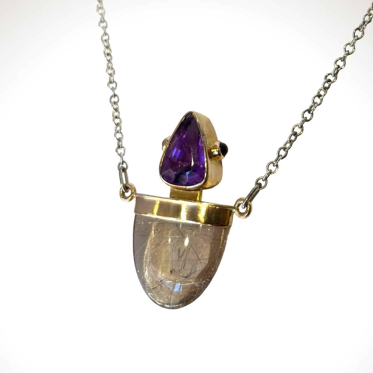 Rutilated Quartz & Amethyst Necklace in 14K Gold and Sterling Silver
