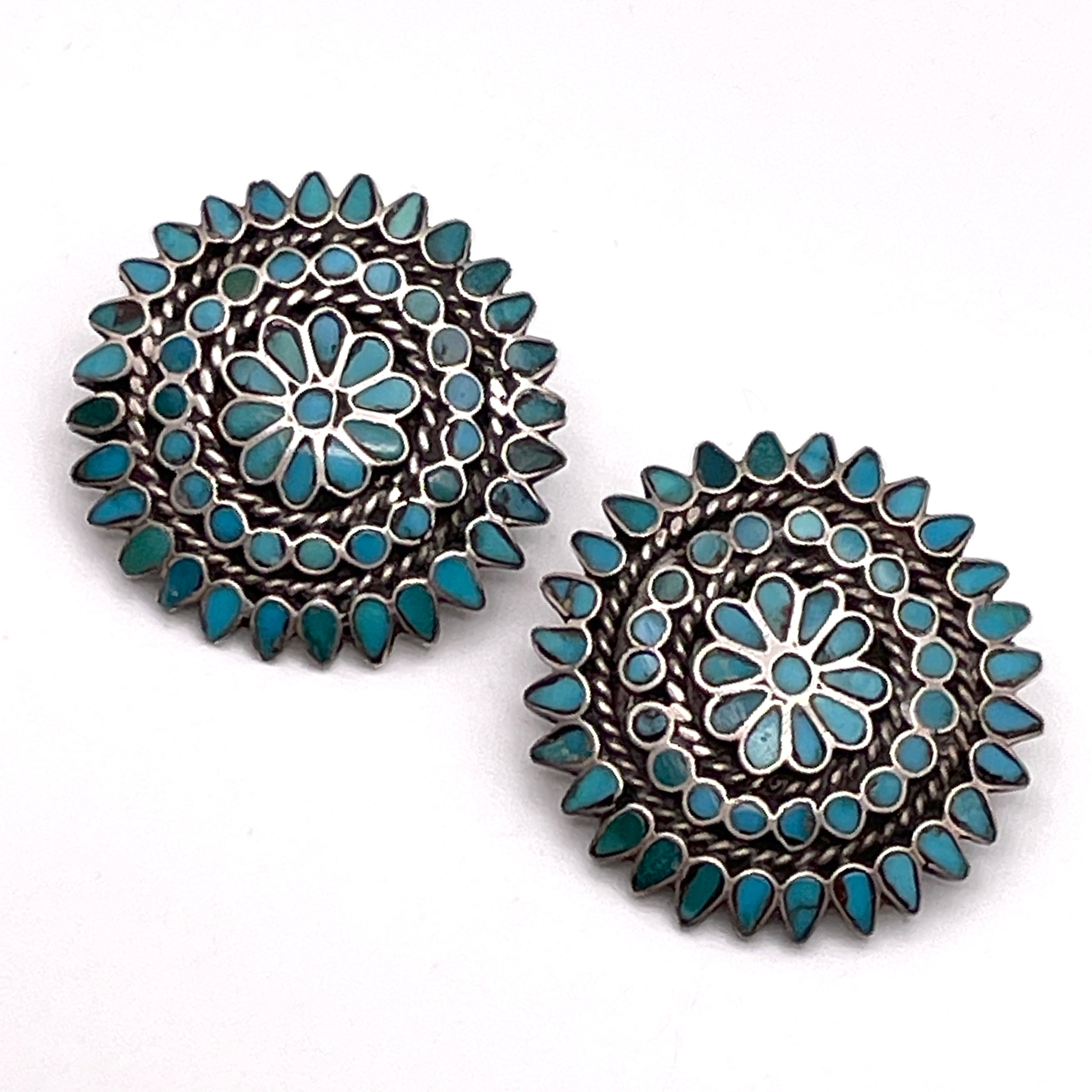 Large 1950s Dishta-Style Inlay Turquoise Clip Earrings #760