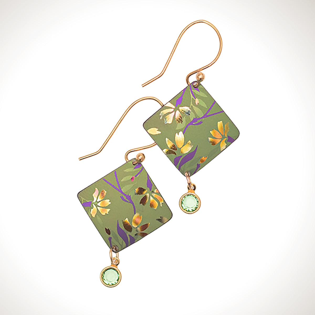 Green floral dangle earrings with light green crystal drops swing from gold ear wires on a white background