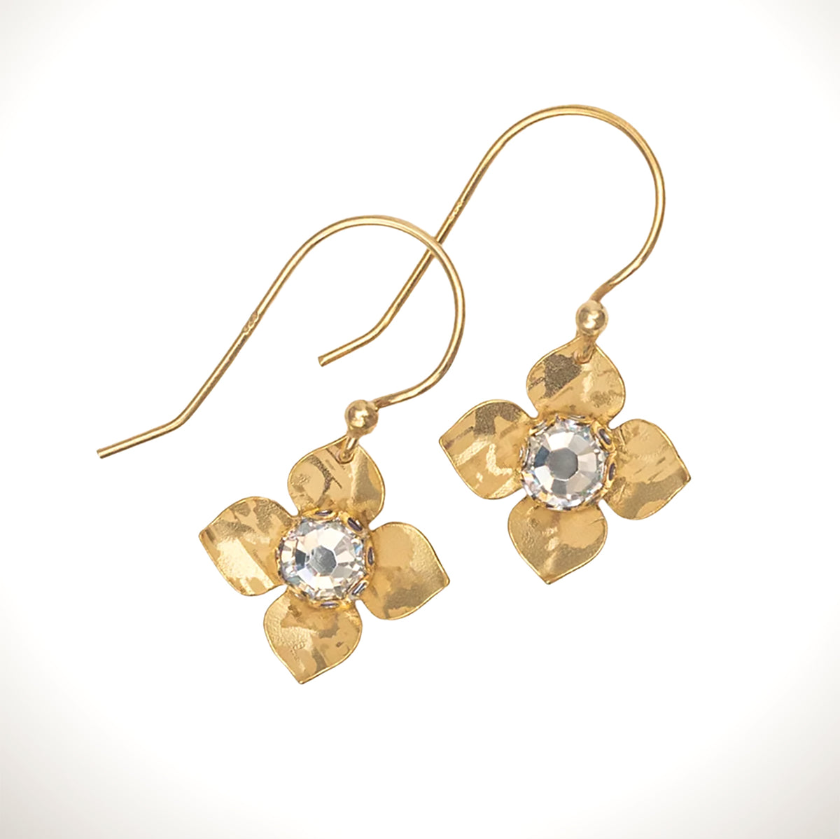 Holly Yashi Petite Fleur gold flower earrings with textured petals, clear faceted centers, and curved ear wires on a white background.